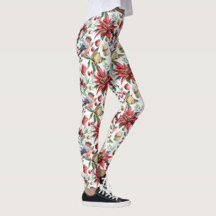 Leggings Navidades poinsettia bayas rojas y un pájaro
