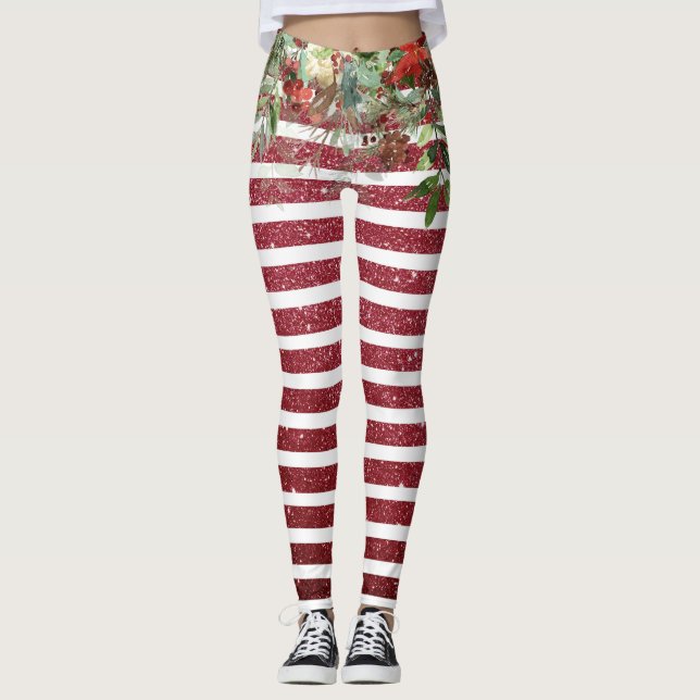 Leggings Navidades Purpurina de vacaciones Pine Poinsettia  (Anverso)