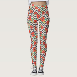 Leggings Navidades Red Poinsettia Chevron Blanco y Negro