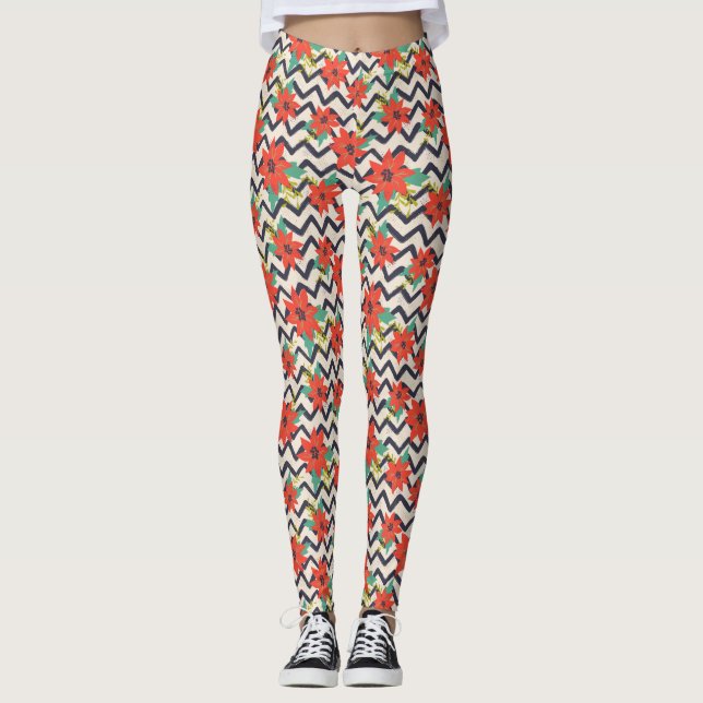 Leggings Navidades Red Poinsettia Chevron Blanco y Negro (Anverso)