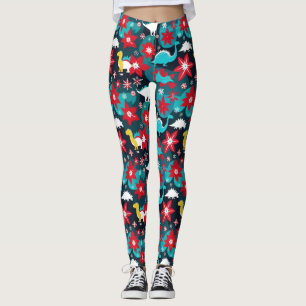 Leggings Navidades retro curados dinosaurios en azul y rojo