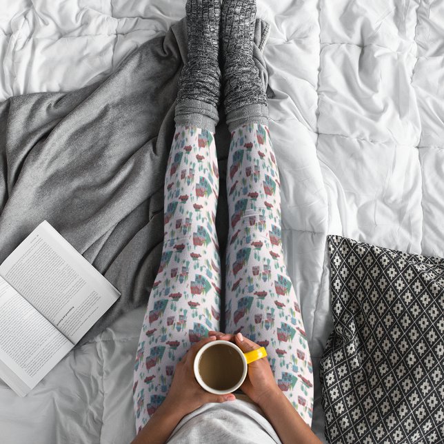 Leggings Navidades Retro De Aldea Rosa Y Árbol De Coches (Cute Pink Village & Car Tree Retro Christmas Leggings)