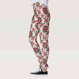 Leggings Navidades Retro Rosado Plaid Floral Feliz Navidad