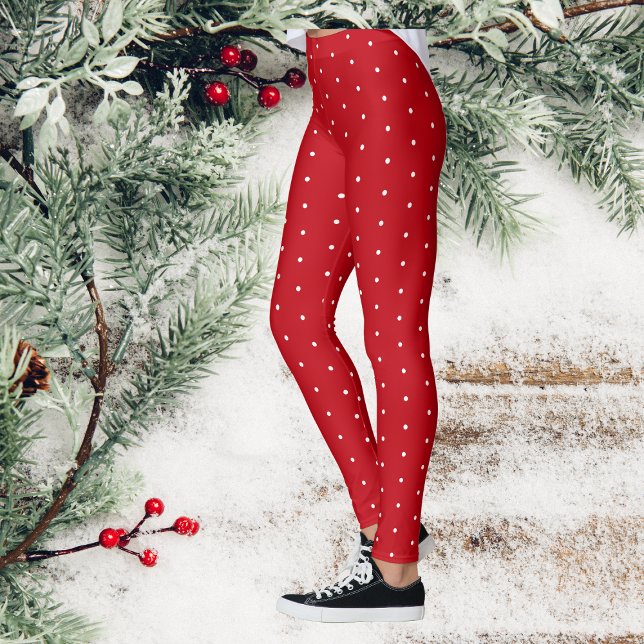 Leggings Navidades rojos de la nieve del punto de la polka  (Red And White Polka Dot Leggings)