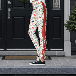 Leggings Navidades rojos festivos Holly Berries Aves verdes