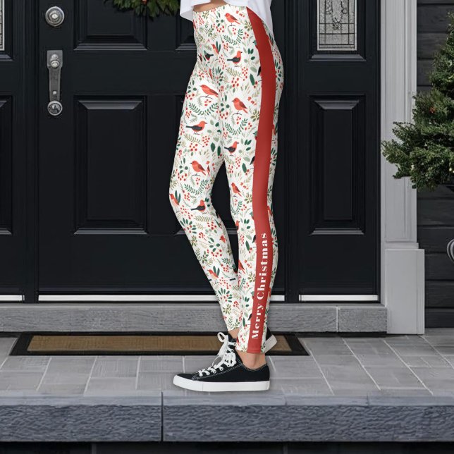Leggings Navidades rojos festivos Holly Berries Aves verdes (Subido por el creador)