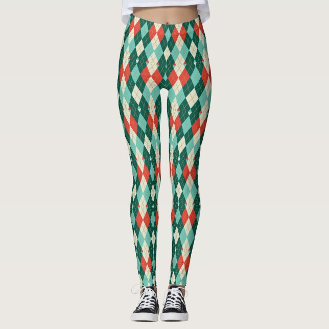 Leggings Navidades rojos y Verde azulados argyle retro geom (Anverso)
