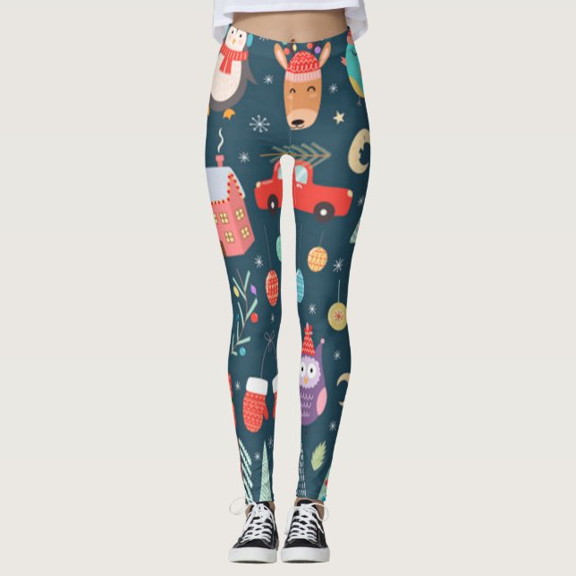 Leggings navidades vectoriales lindos elementos santa pingü (Anverso)