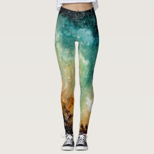 Leggings Nebulosa amarillo brillante, cielo oscuro acuarela