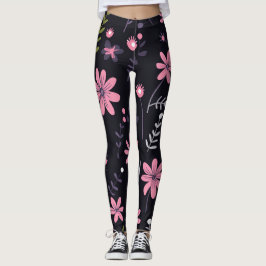 Leggings negras de mujeres con impresión floral ro