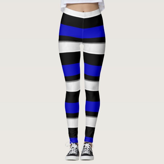 Leggings Negro azul real y plata horizontalmente rayado (Anverso)