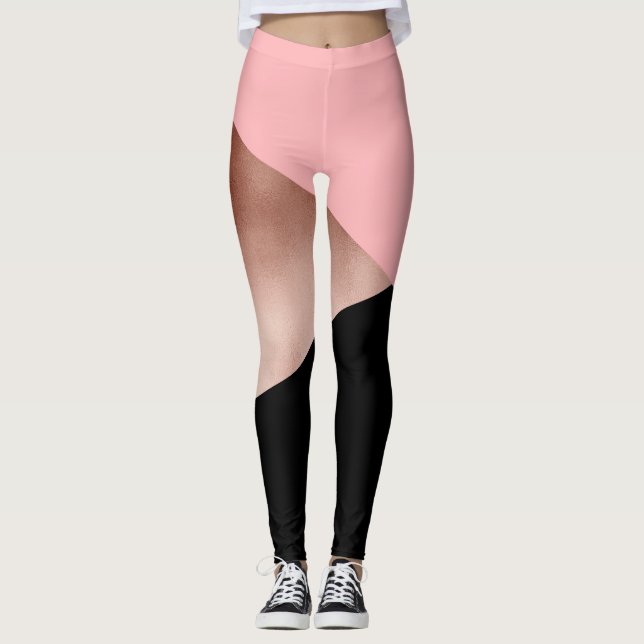 Leggings negro color de rosa geométrico moderno elegante (Anverso)
