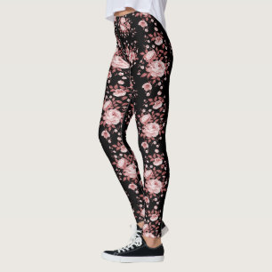 Leggings Negro con las piernas del patrón floral rosado