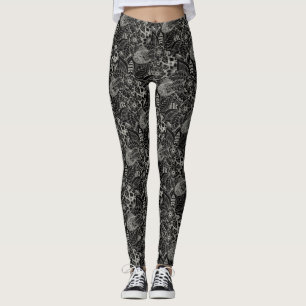 Leggings Negro con patrón de encaje floral gris claro
