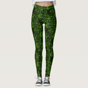 Leggings Negro con patrón de encaje floral verde neón