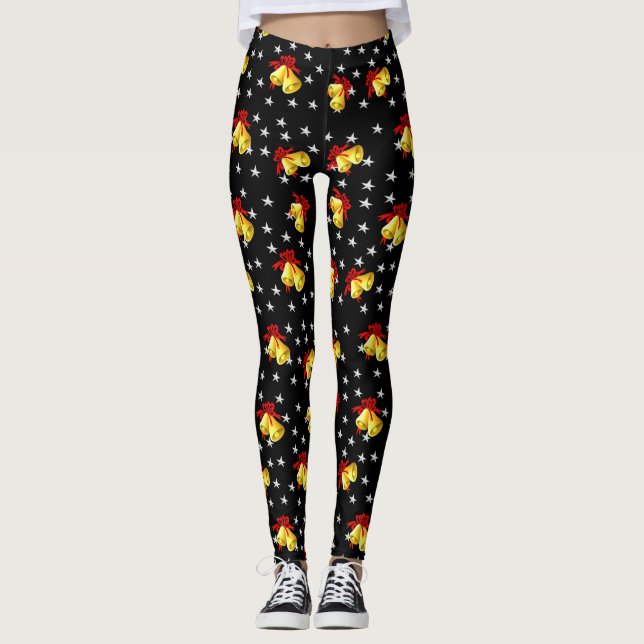 Leggings Negro del navidad del cascabel y de las estrellas (Anverso)