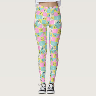 Leggings negro Floral colorido patrón de tablero de ajedrez