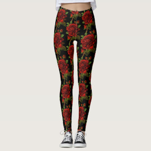 Leggings Negro floral de la flor del rosa rojo
