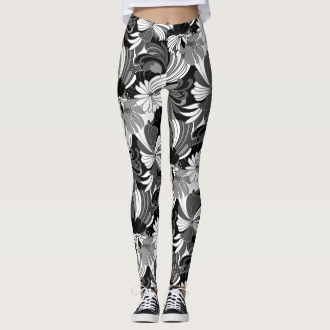 Leggings Negro floral tropical hawaiano de la selva del (Anverso)