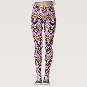 Leggings Negro, naranja, y modelo dibujado mano de Chevron