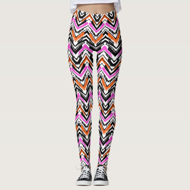 Leggings Negro, naranja, y modelo dibujado mano de Chevron (Anverso)
