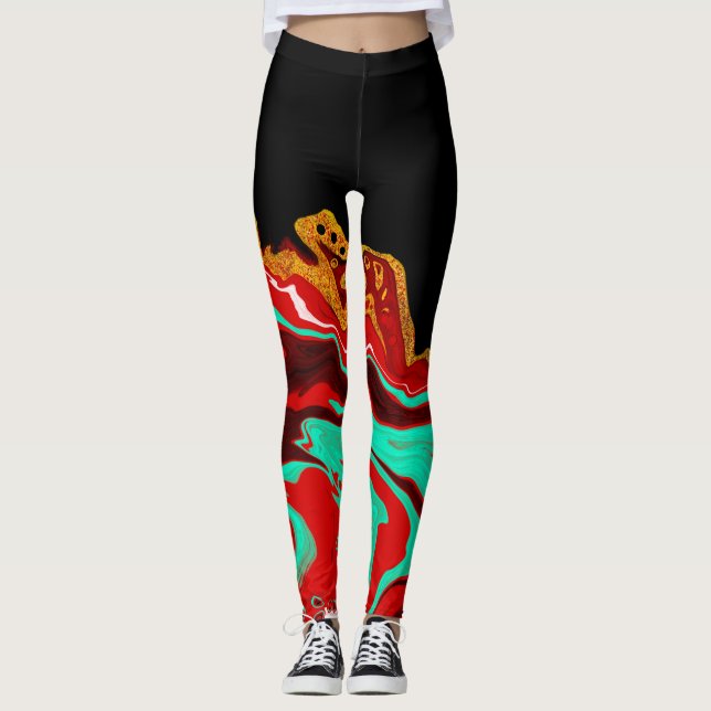 Leggings Negro, Oro, Borgoña, Marble Fluid Art (Anverso)