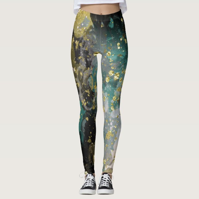 Leggings Negro Oro Verde azulado Moda de manchas verdes (Anverso)