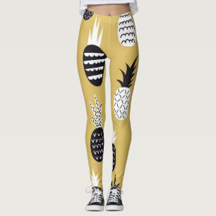 Leggings Negro, piñas blancas, fondo amarillo