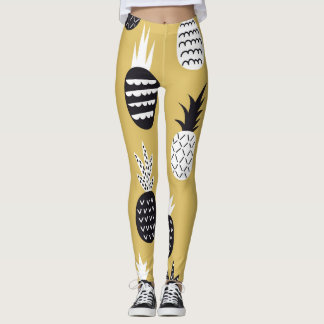 Leggings Negro, piñas blancas, fondo amarillo