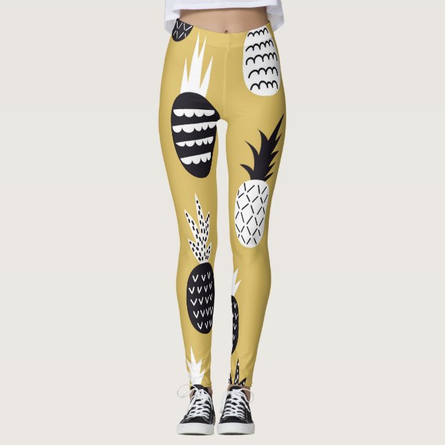 Leggings Negro, piñas blancas, fondo amarillo (Anverso)