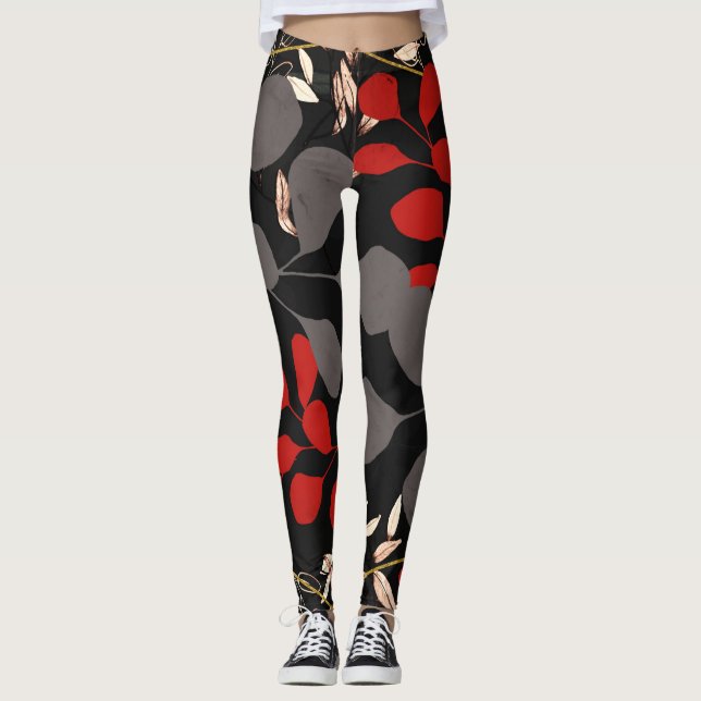 Leggings Negro Rojo Gris Hojas Florales Botánicas Negrita (Anverso)