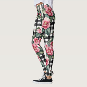 Leggings Negro y blanco con camellias de color rosa liso