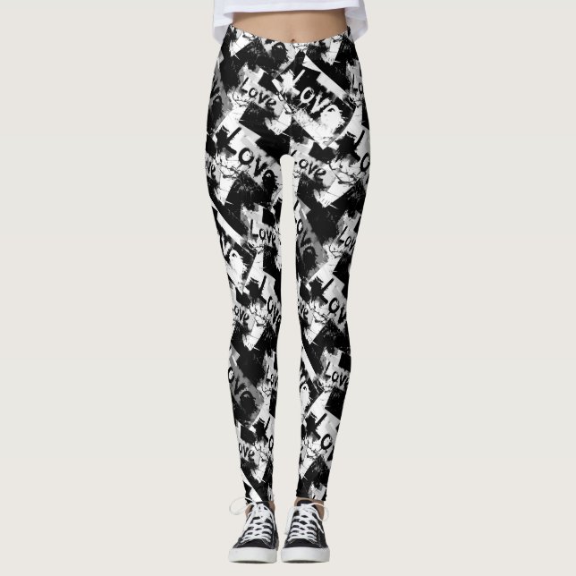 Leggings Negro y blanco con manchas patrón de amor (Anverso)