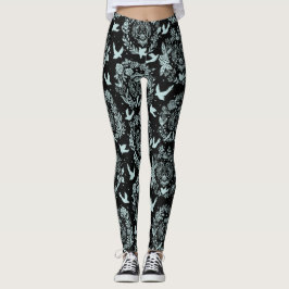 Leggings Negro y verde menta floral y pájaros