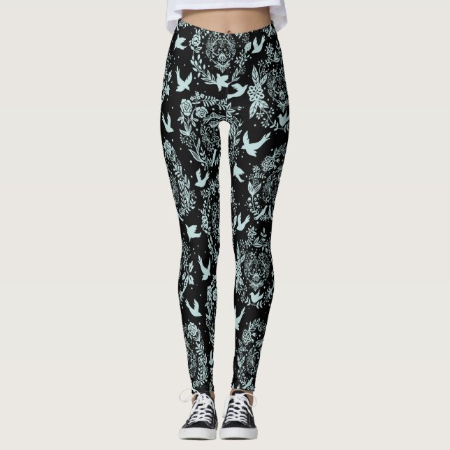 Leggings Negro y verde menta floral y pájaros (Anverso)
