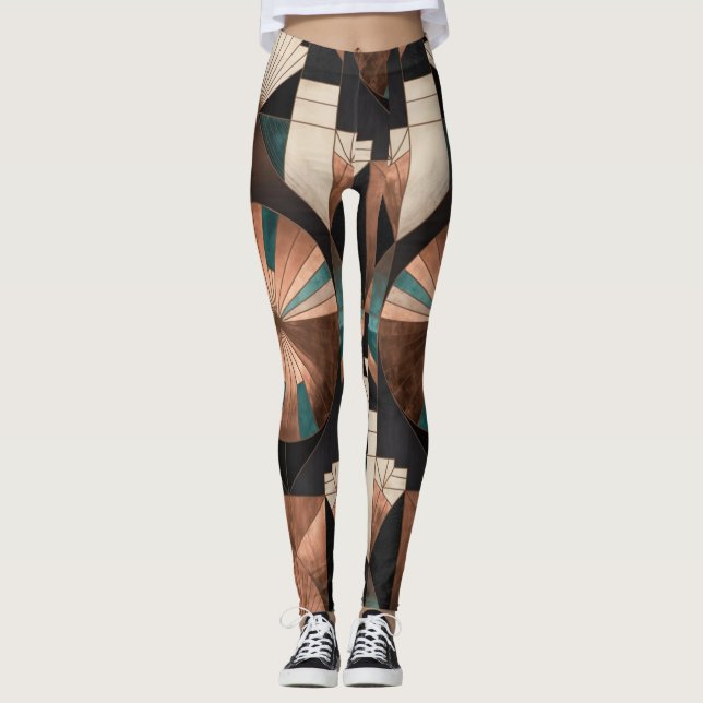 Leggings Neo Art Deco Geometric Teal Copper Gold Sunburst (Anverso)
