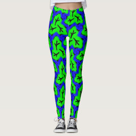 Leggings Neon Blue and Green Bold Leafy Pattern
