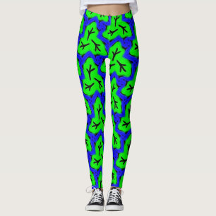 Leggings Neon Blue and Green Bold Leafy Pattern