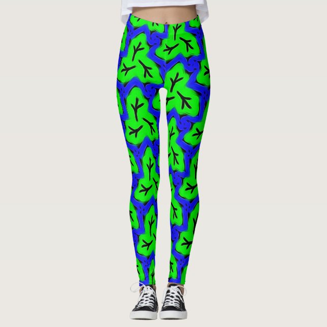 Leggings Neon Blue and Green Bold Leafy Pattern (Anverso)