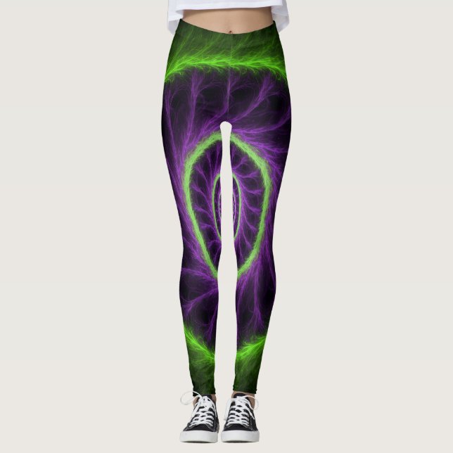 Leggings Neon Energy Spiral – Green & Purple Fractal Vortex (Anverso)