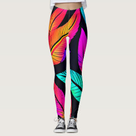 Leggings Neon Feather Pattern Vibrant Art