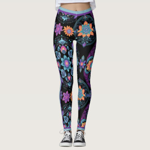 Leggings Neon Florals fondo negro y rayas de Carreras