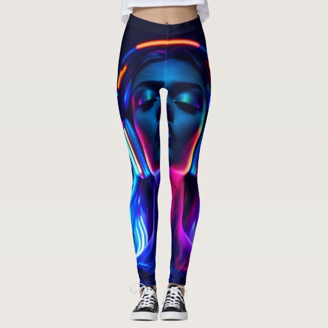 Leggings Neon Music Meditation – Woman with Headphones Art (Anverso)