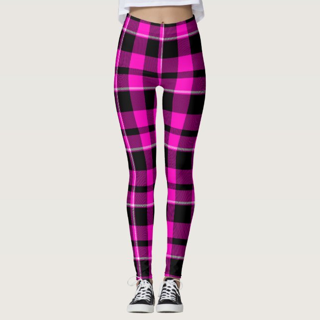 Leggings Neon Pink & Black Tartan Scottish Plaid (Anverso)