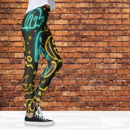 Leggings Neon Spooky Halloween Ghost Bats Patrón de calabaz