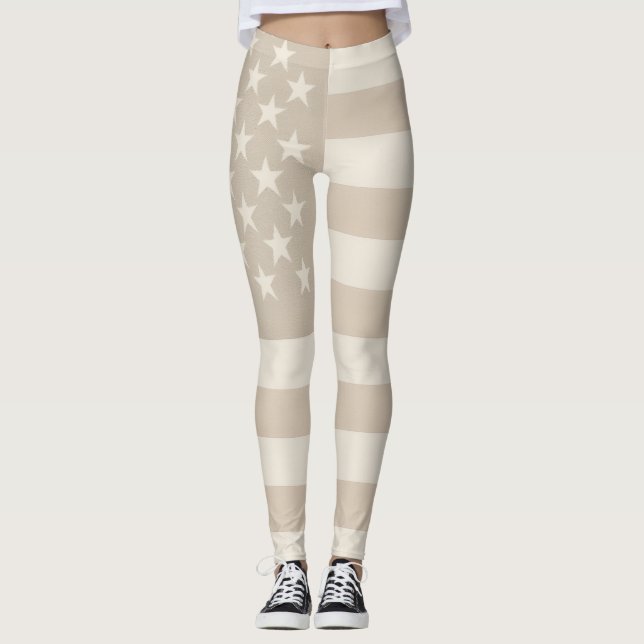 Leggings Neutral Beige, Tan, & White American Flag Earthy  (Anverso)