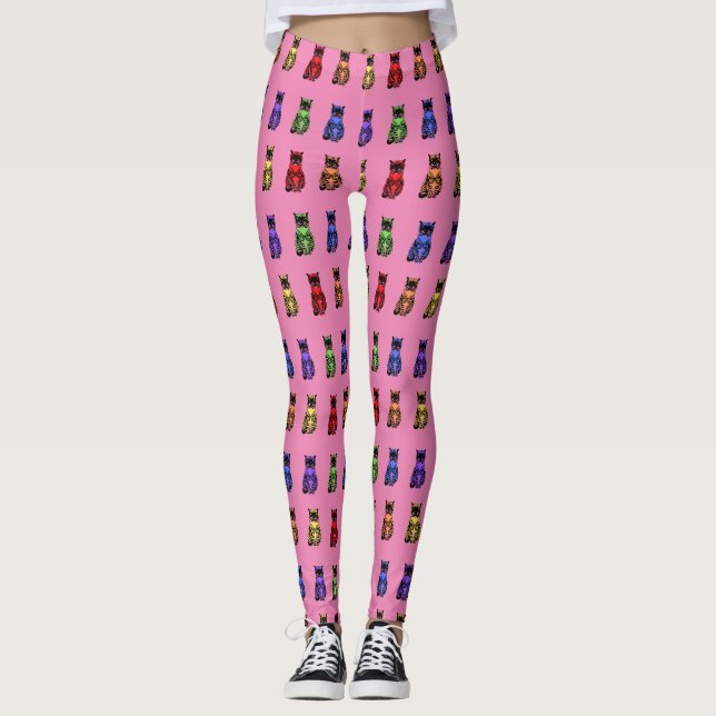 Leggings Noble Rainbow Cats Sitting on Pink (Anverso)