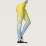 Leggings Nombre con estilo en degradado amarillo a azul cla<br><div class="desc">El degradado amarillo claro a azul claro presenta un nombre personalizado en una elegante fuente serif blanca que baja por el exterior de la pierna derecha. Personalízalo con tu nombre en la barra lateral y añade un toque moderno y colorido a tu armario. Para ver el diseño de la moda...</div>