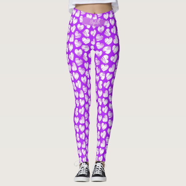 Leggings Nombre de San Valentín del corazón morado moderno  (Anverso)