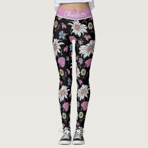 Leggings Nombre personalizado color rosa floral sin soldadu